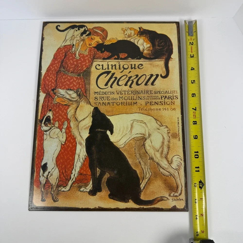 Vintage Clinique Cheron Metal Sign Steinlen French Cat Dog Art Nouveau Decor